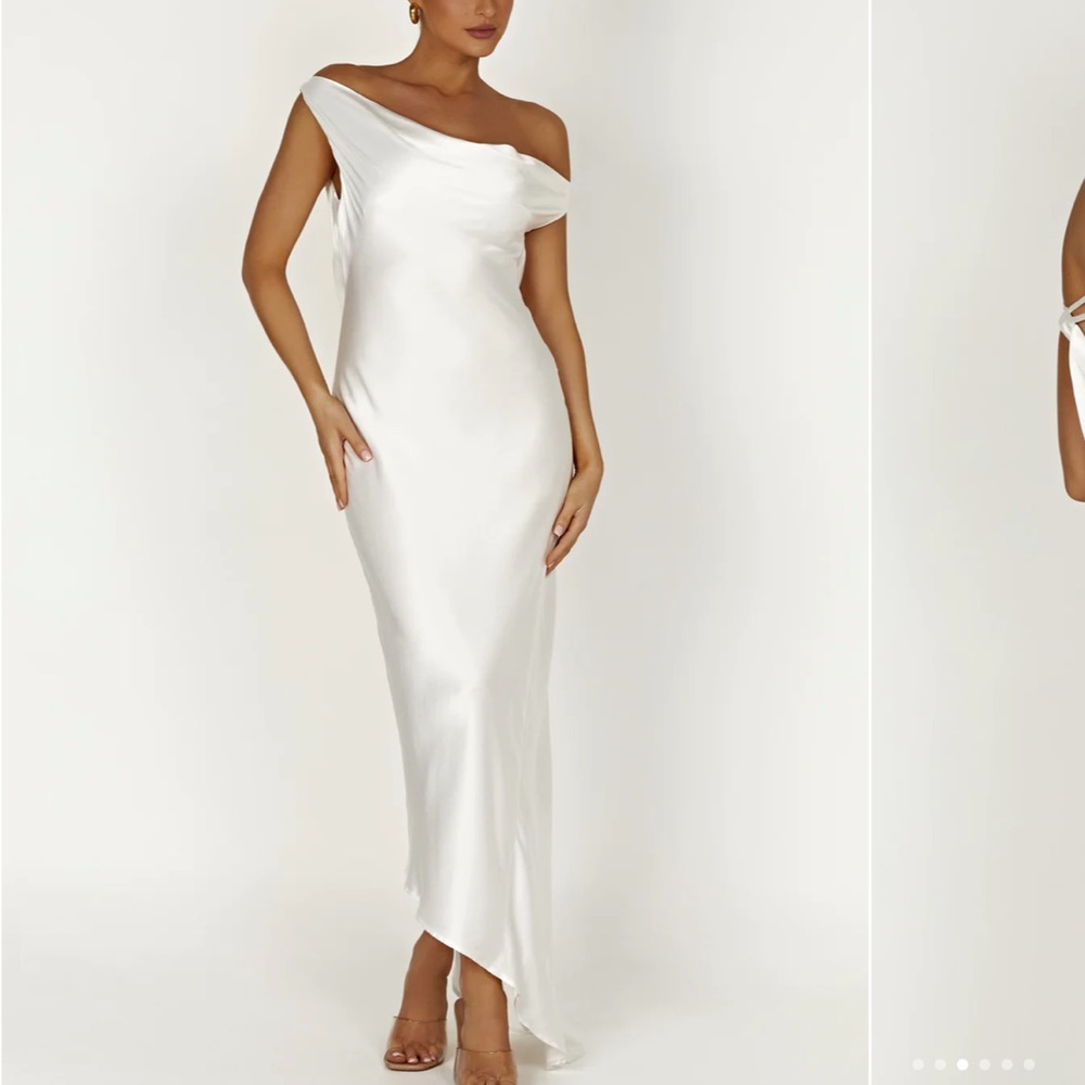 Meshki Yvette Slip Maxi Dress With Asymmetrical Hem White Satin Dress